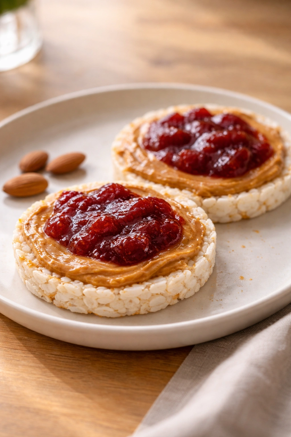Two rice cakes with almond butter and jam on a plate.