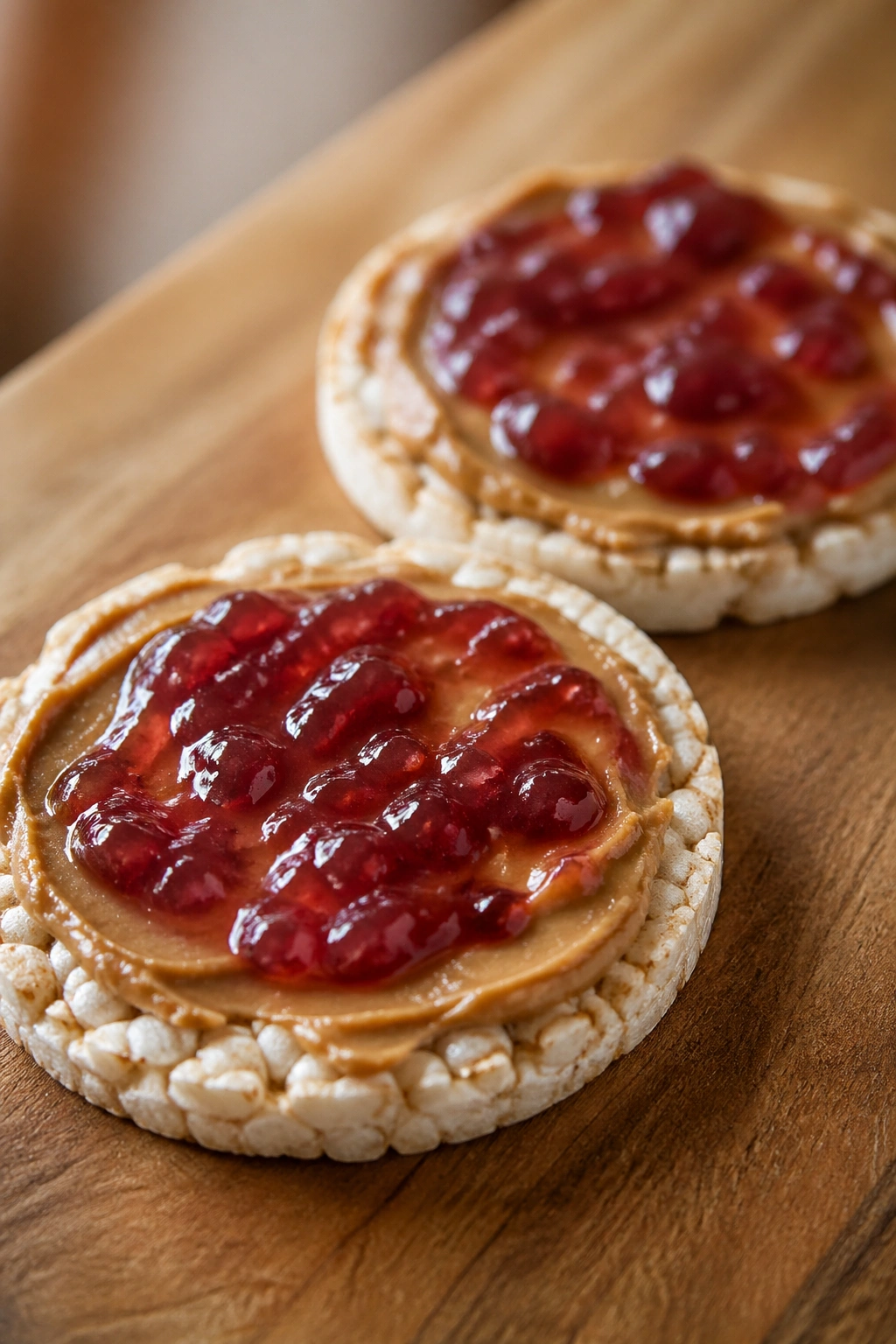 Two rice cakes with almond butter and jam on a wooden board.