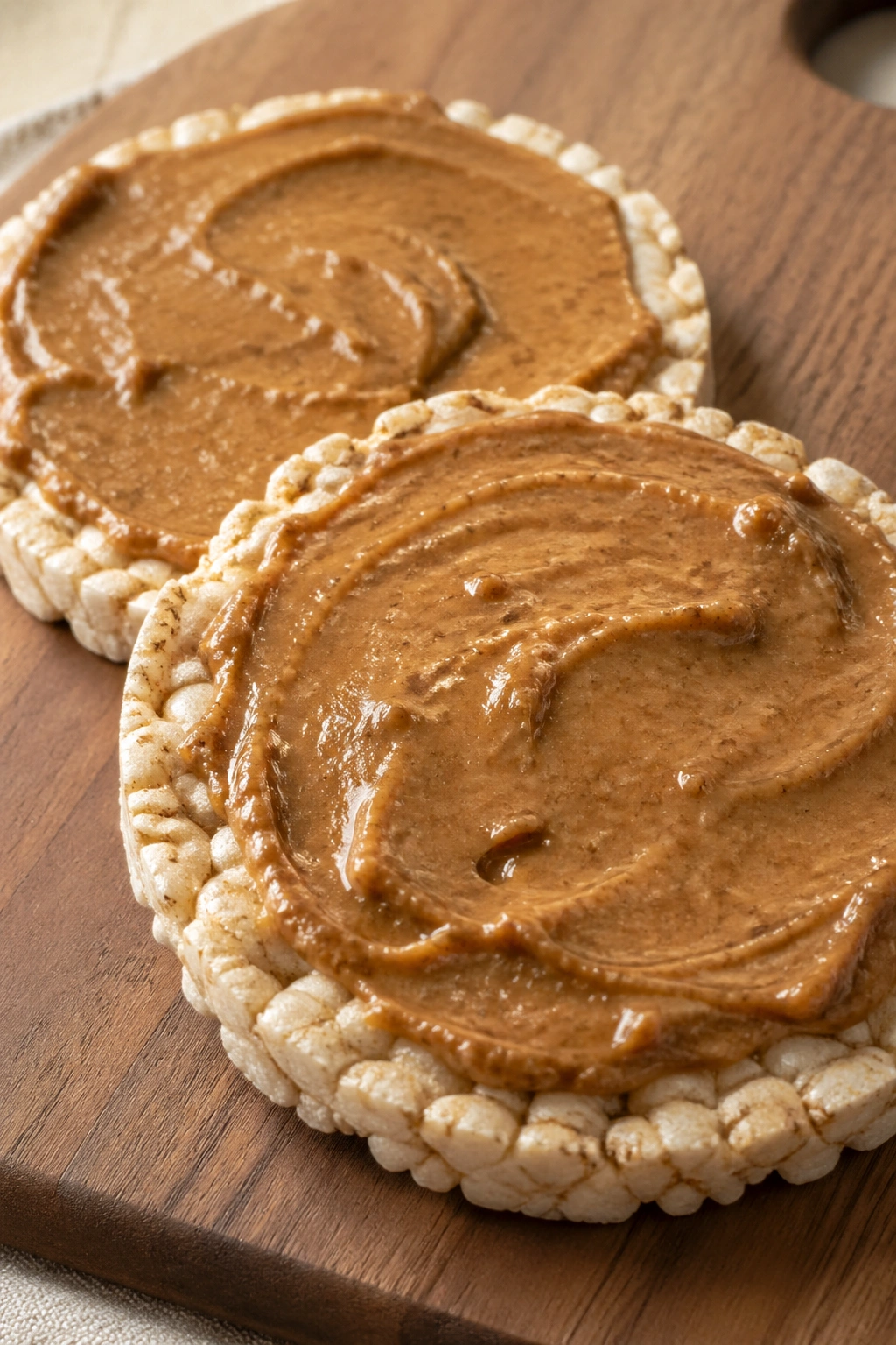 Close-up of rice cakes with almond butter topping