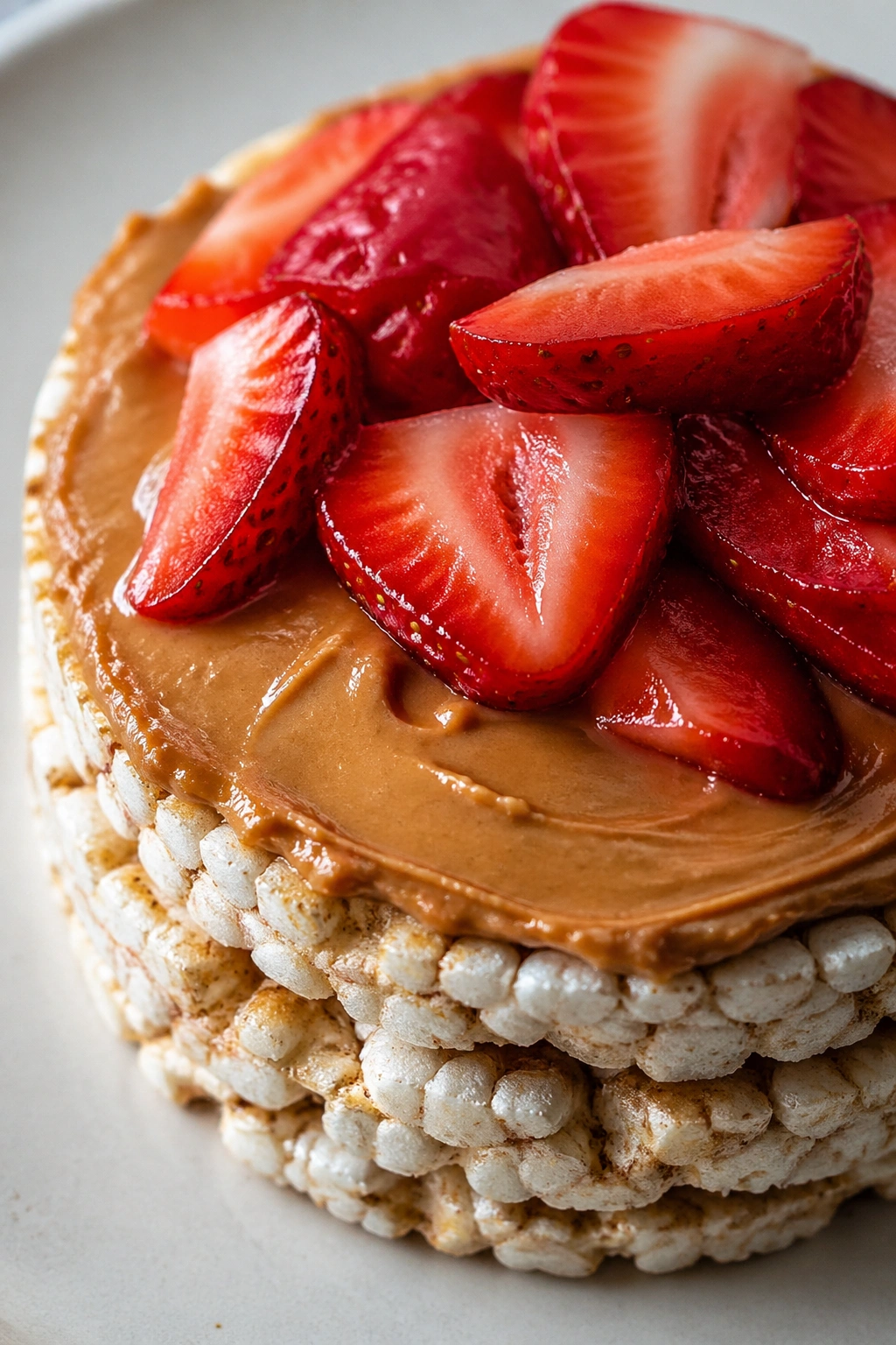 Close-up of rice cakes with almond butter and strawberry slices on a plate