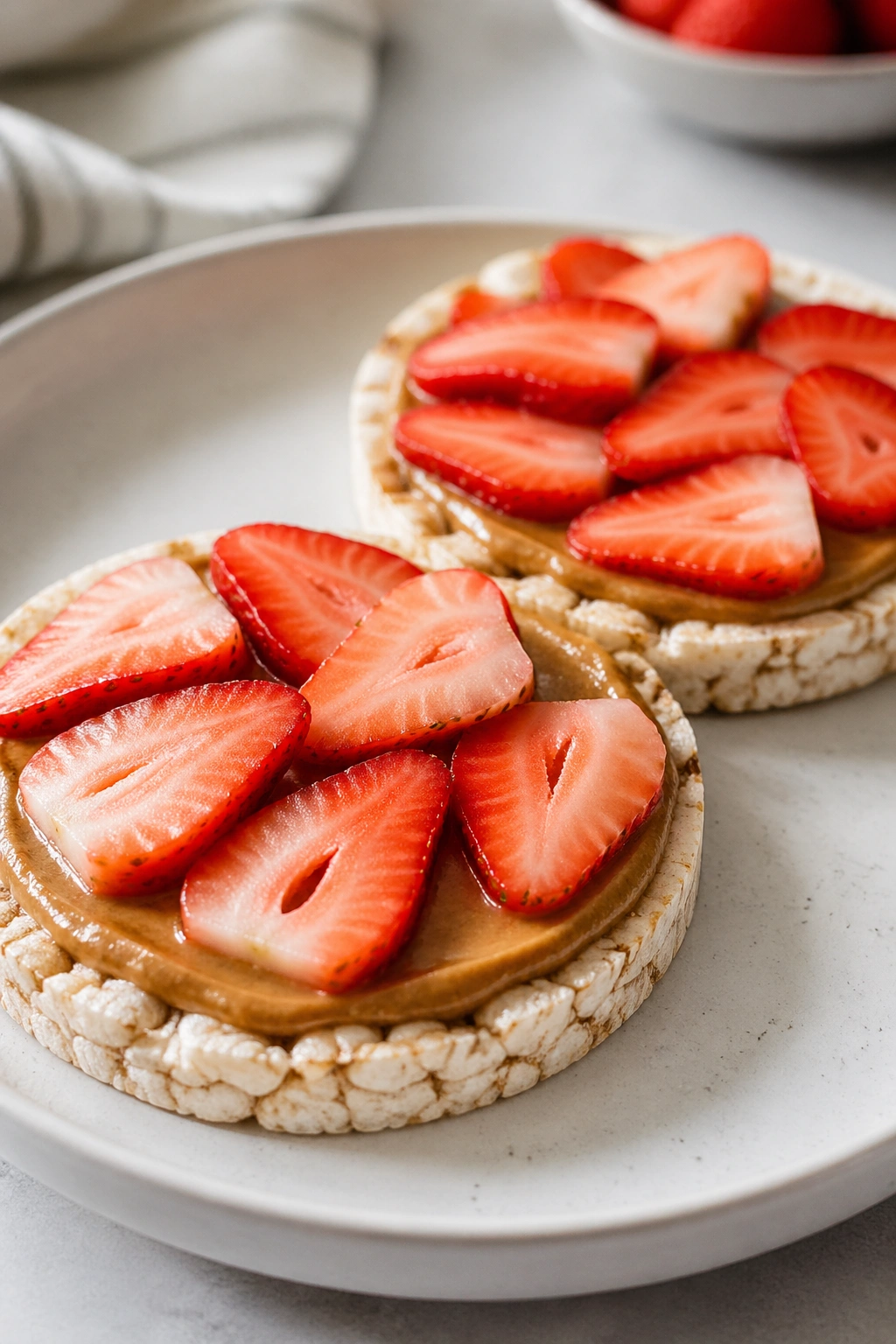 Rice cakes with almond butter and strawberry slices on plate.