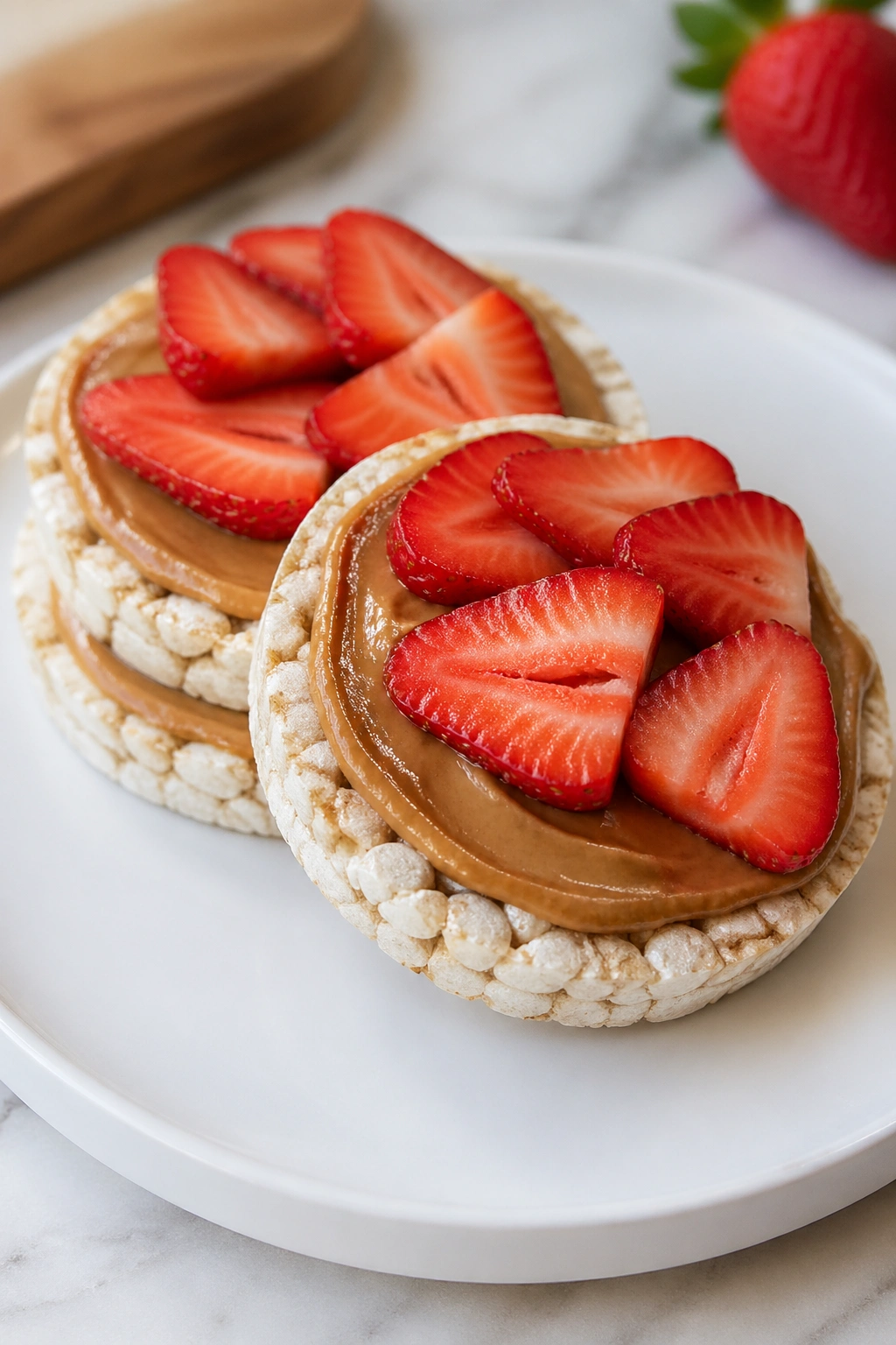 Rice cakes with almond butter and strawberry slices on a plate
