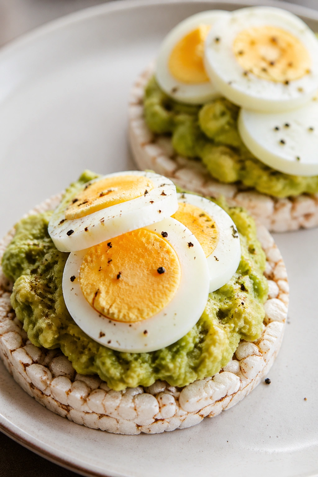 Close-up two rice cakes topped with avocado and egg