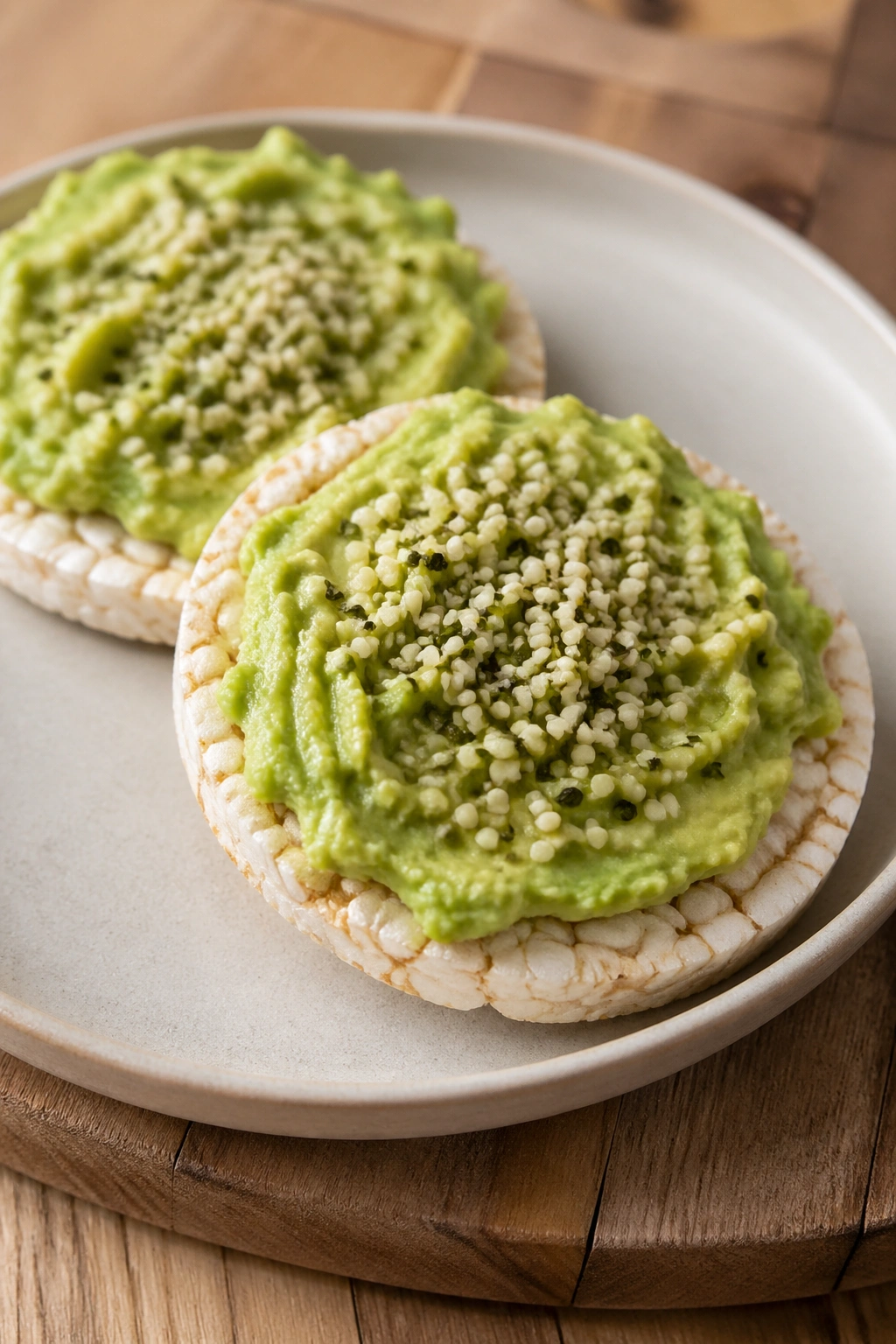 Rice cakes topped with avocado and hemp seeds on a plate