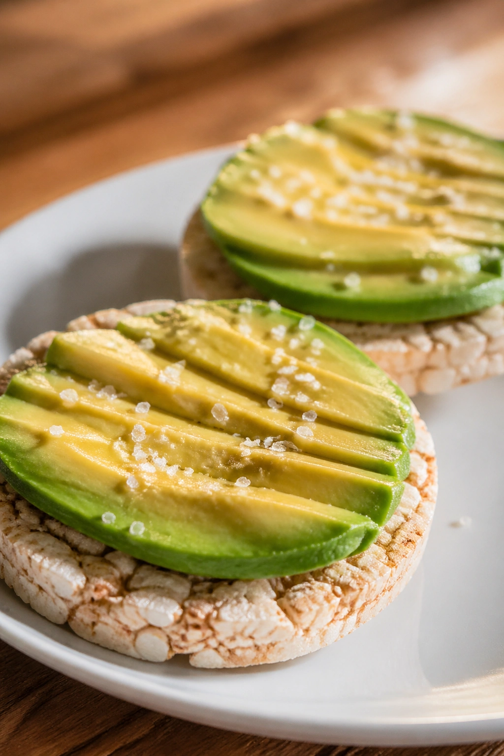 Rice cakes with avocado and salt on a plate