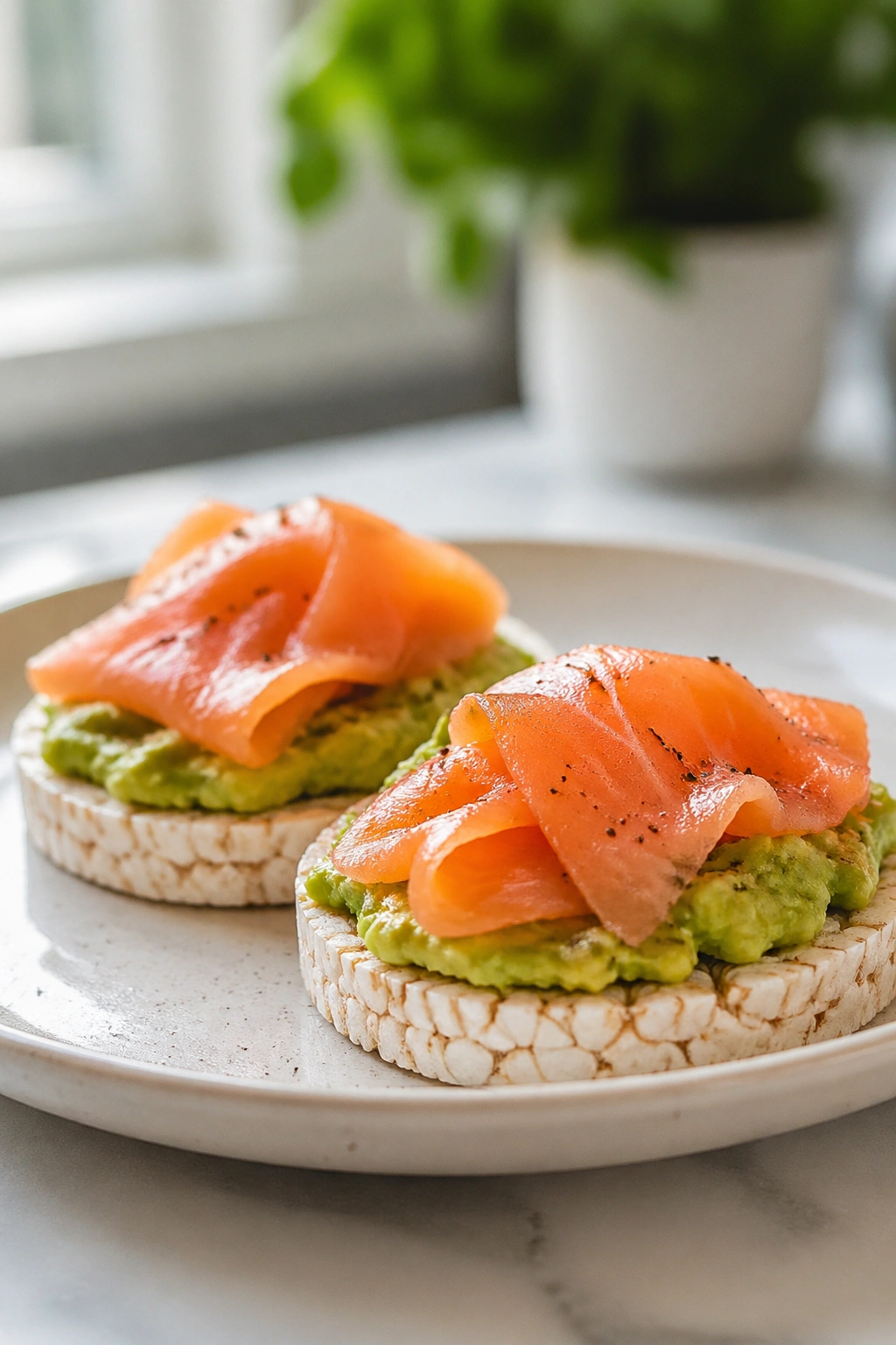 Rice cakes topped with avocado and smoked salmon for a light snack