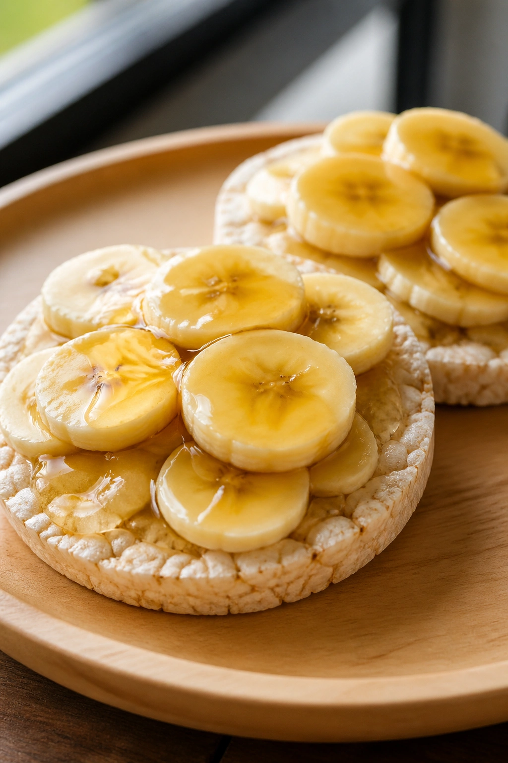 Close-up of rice cakes with banana slices and honey on a wooden plate.