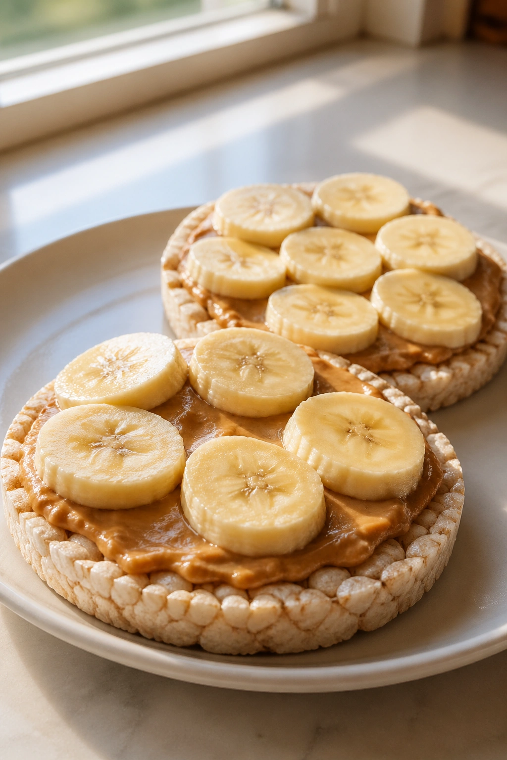Close-up of Rice Cakes With Nut Butter and Banana on a white plate in a sunlit kitchen