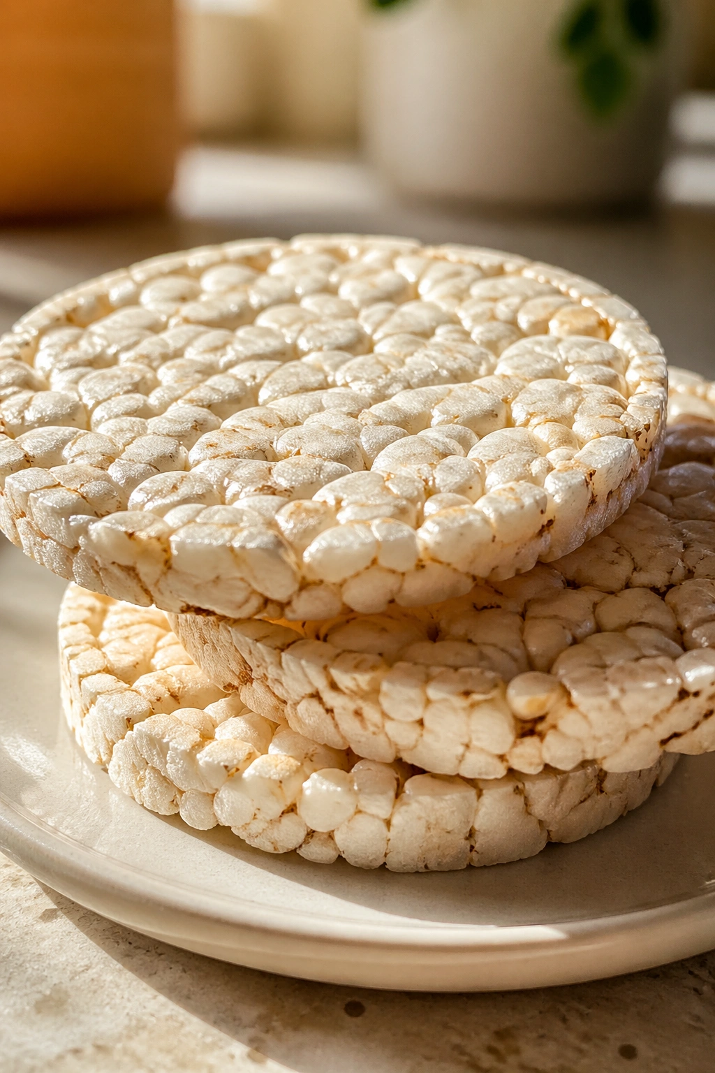 Close-up of stacked rice cakes on a plate with warm kitchen light