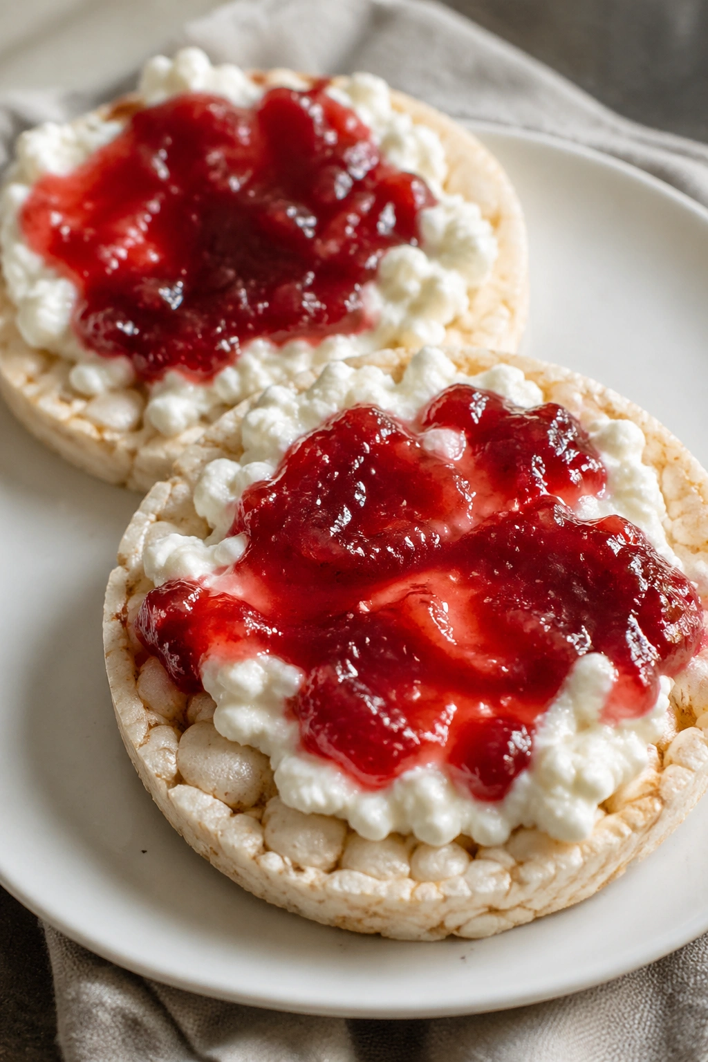 Rice cakes topped with cottage cheese and jam on a plate