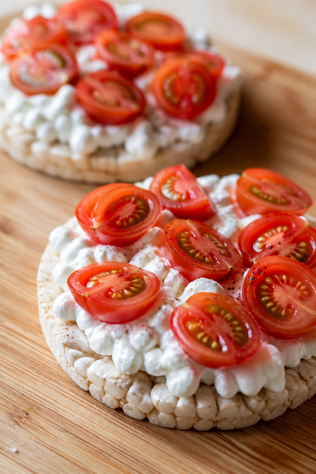 Close-up of rice cakes with cottage cheese and tomato slices on a wooden board