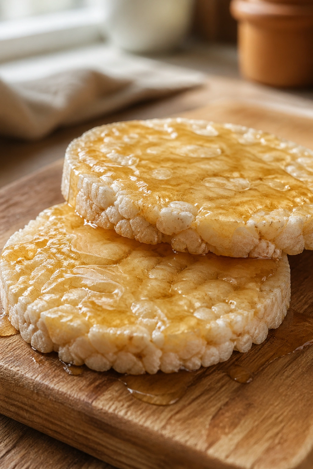 Close-up of two plain rice cakes with honey on a wooden board in a sunlit kitchen.