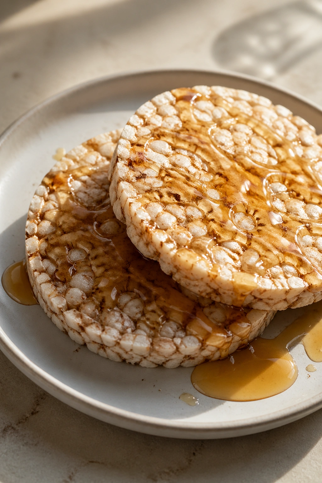 Close-up of rice cakes with honey on a plate