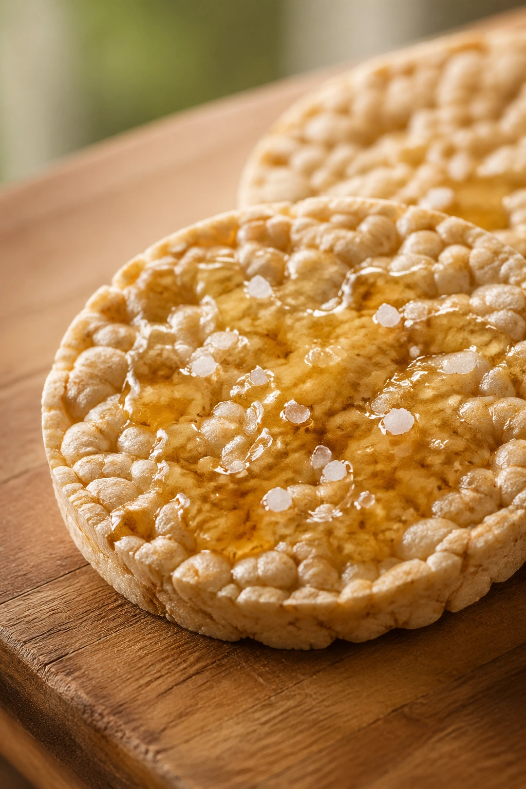 Close-up of plain rice cakes with honey drizzle and a pinch of salt
