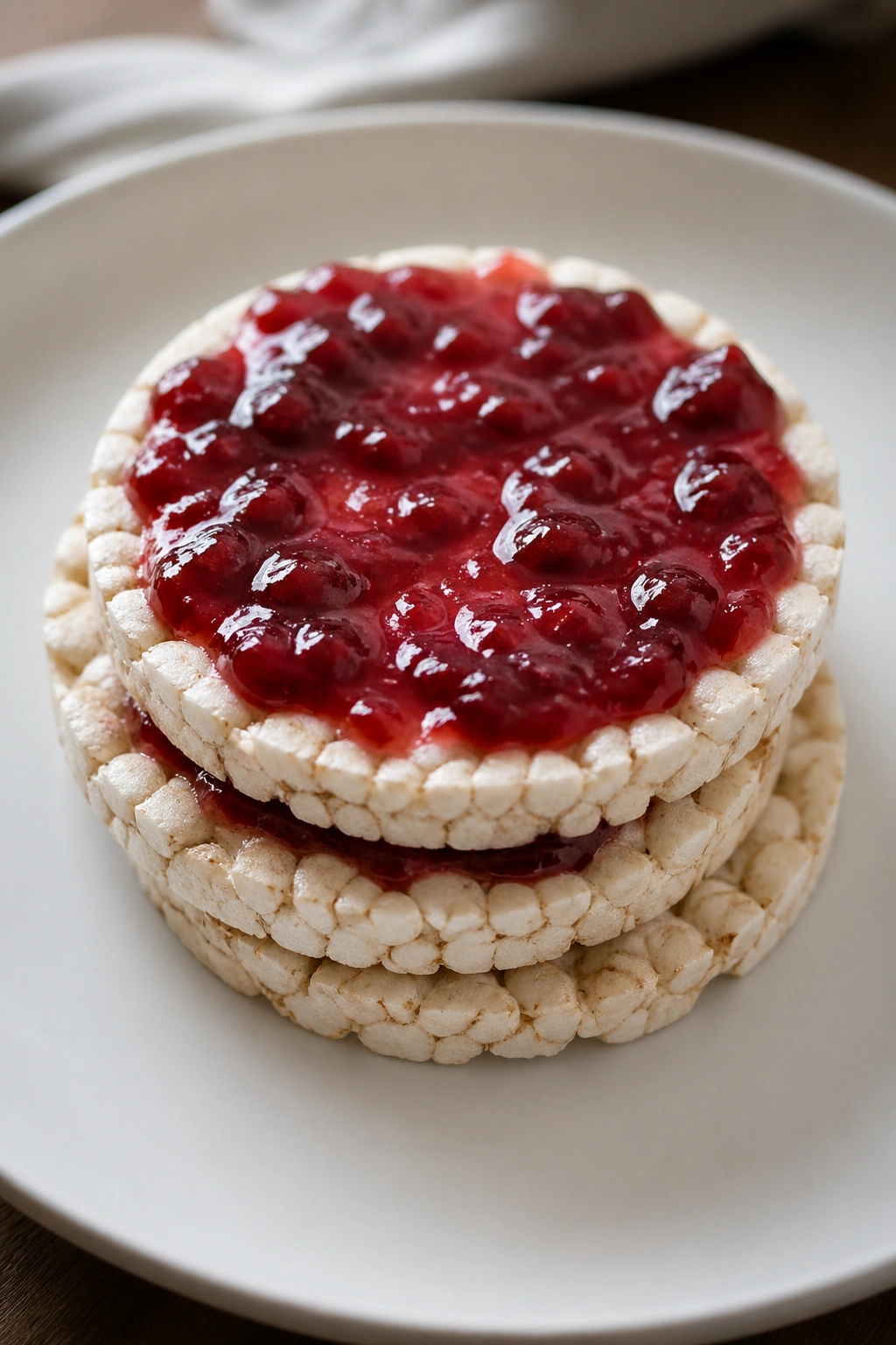 Rice cakes stacked with jam on a plain plate