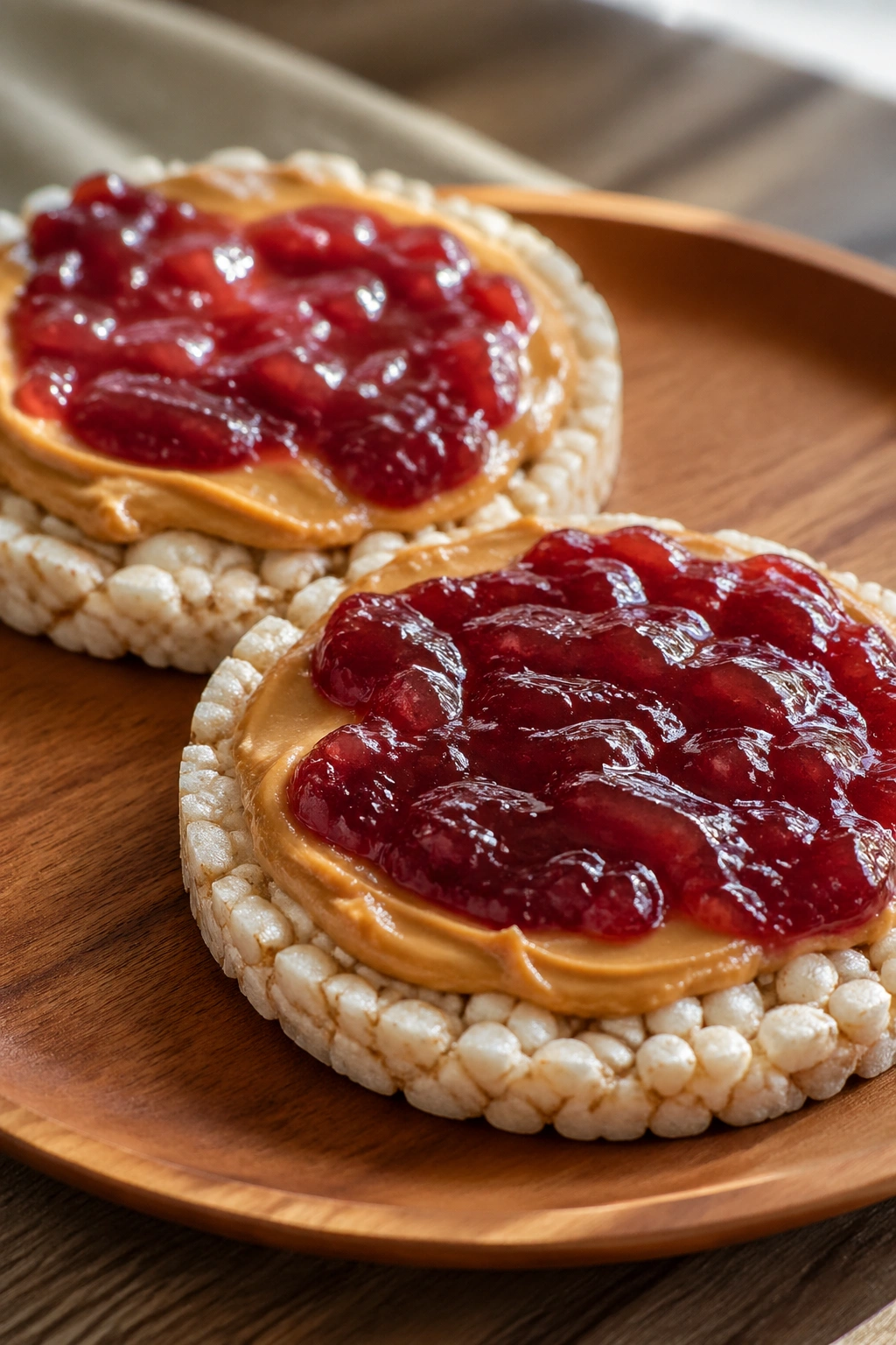 Close-up of rice cakes topped with peanut butter and jam on a wooden plate