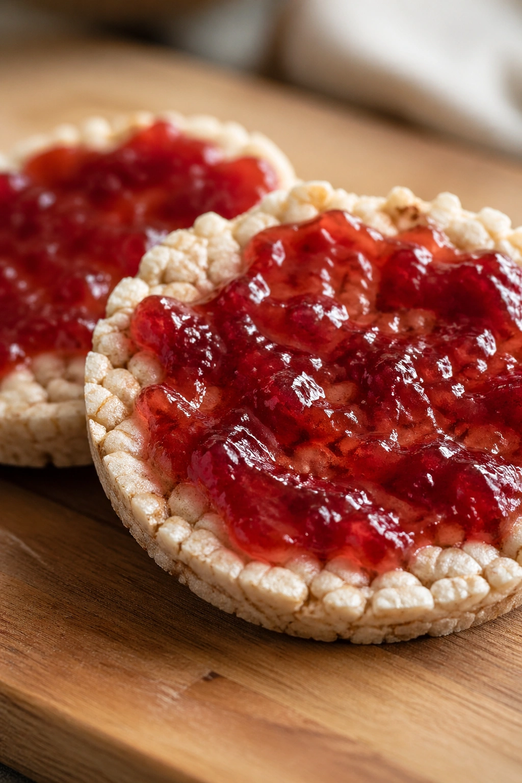 Two rice cakes with jam on a wooden surface