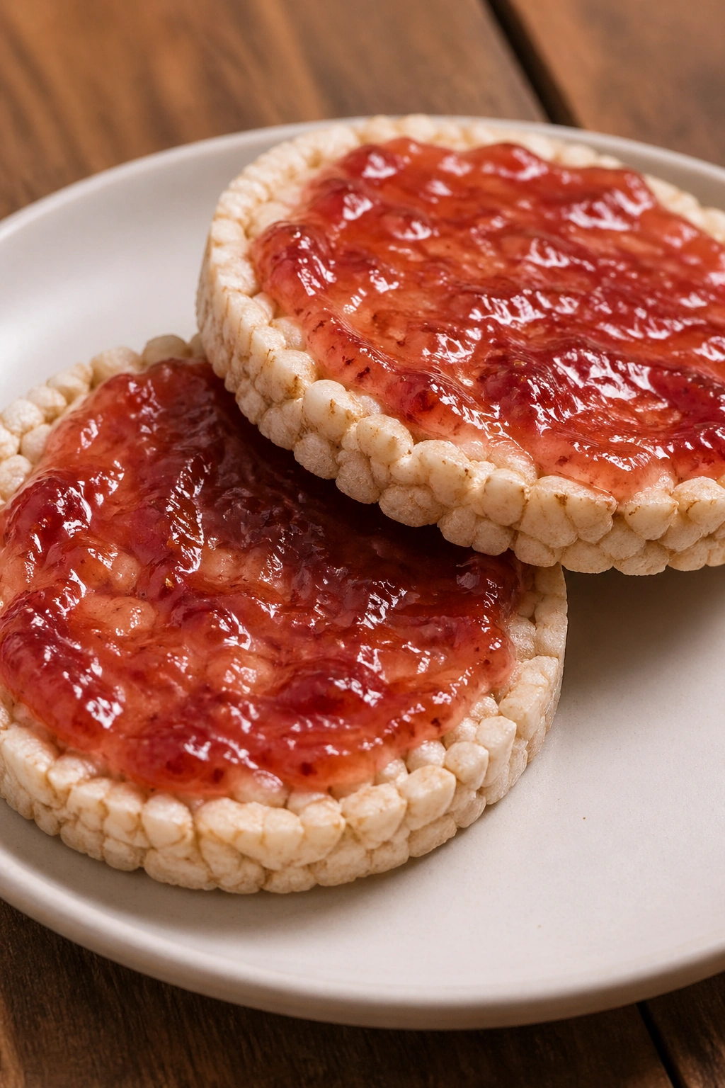 Two rice cakes with jam on a plate