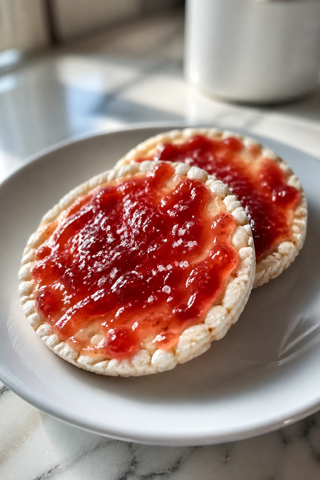 Close-up of rice cakes with jam and salt on a plate