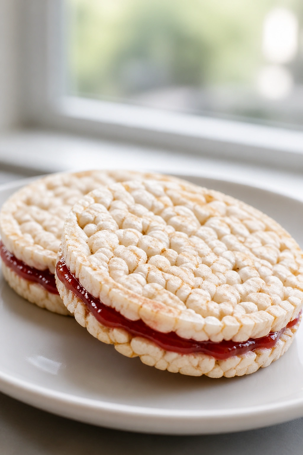 Rice cakes topped with jam on plate.