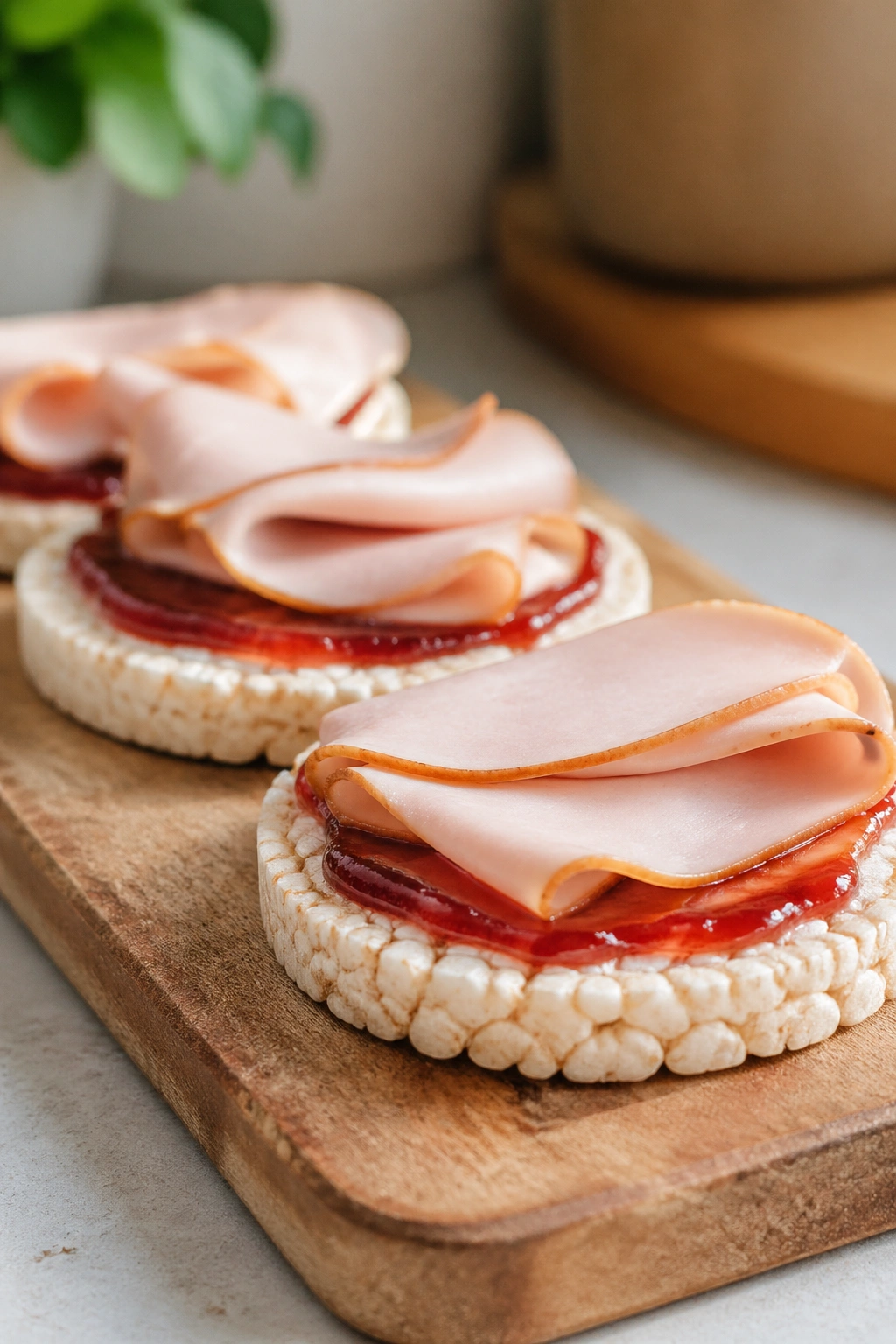Rice cakes with jam and sliced turkey on a wooden board