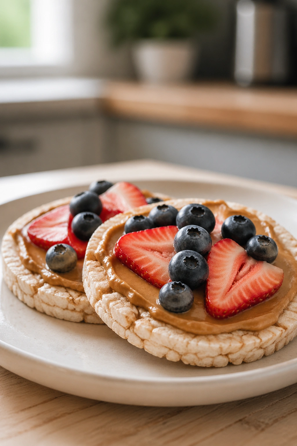 Close-up of rice cakes with peanut butter and berries on a plate
