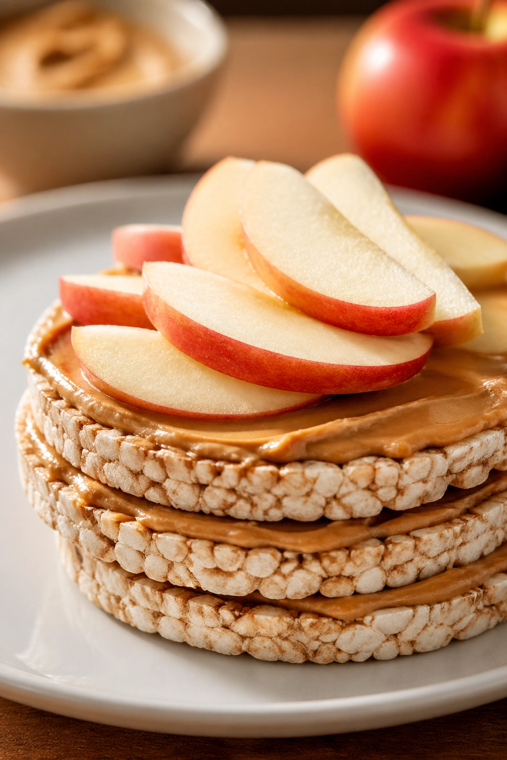 Rice cakes with peanut butter and apple slices as a quick pre-workout snack