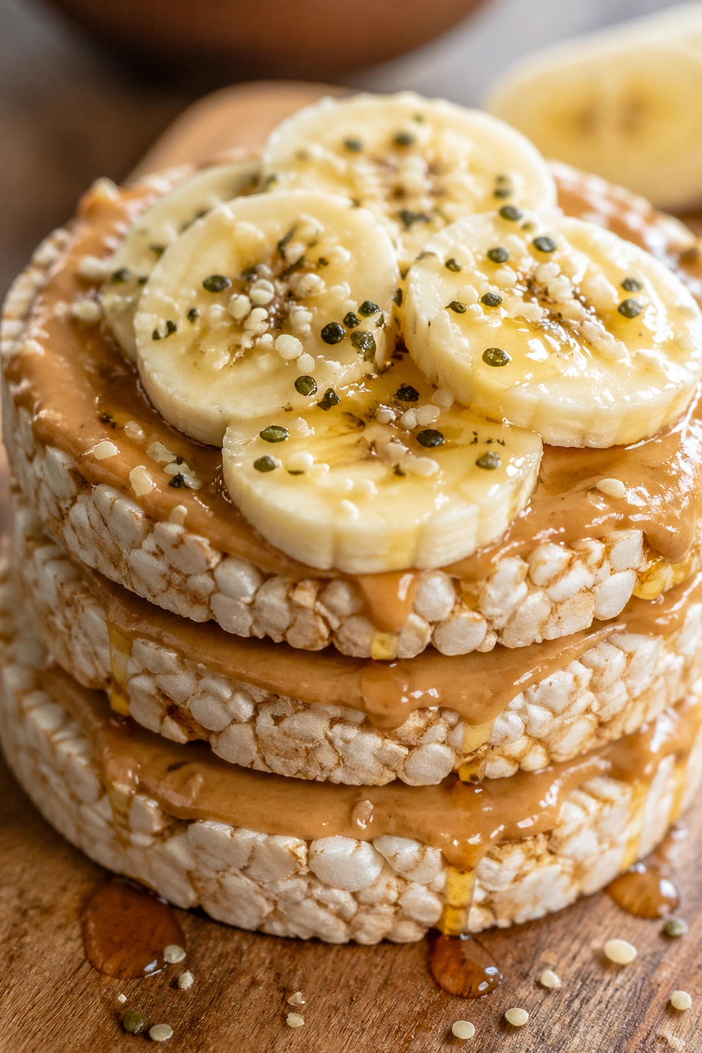 Close-up of stacked Peanut Butter Banana Rice Cakes with banana slices and hemp seeds on a rustic board
