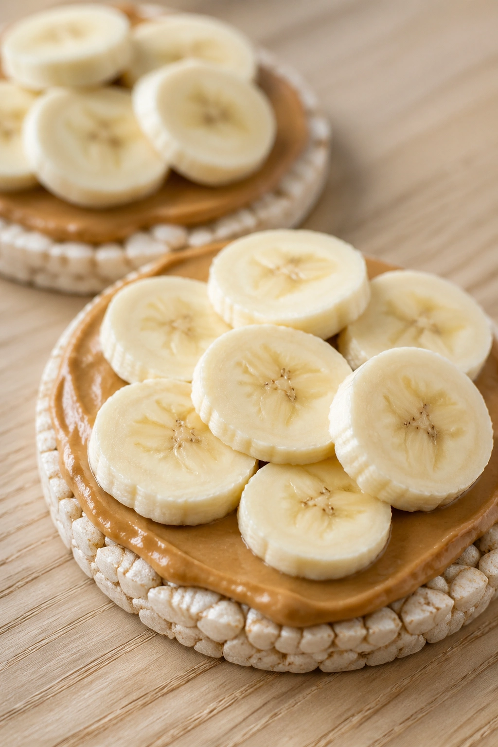 Close-up of rice cakes with peanut butter and banana slices