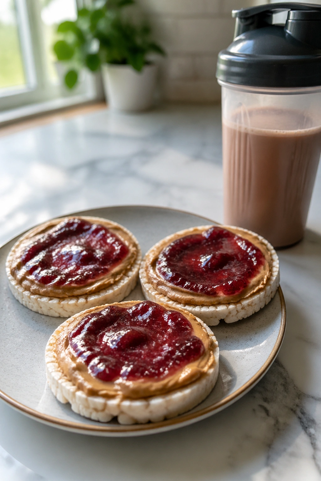Rice cakes with peanut butter and jam next to a protein shake.