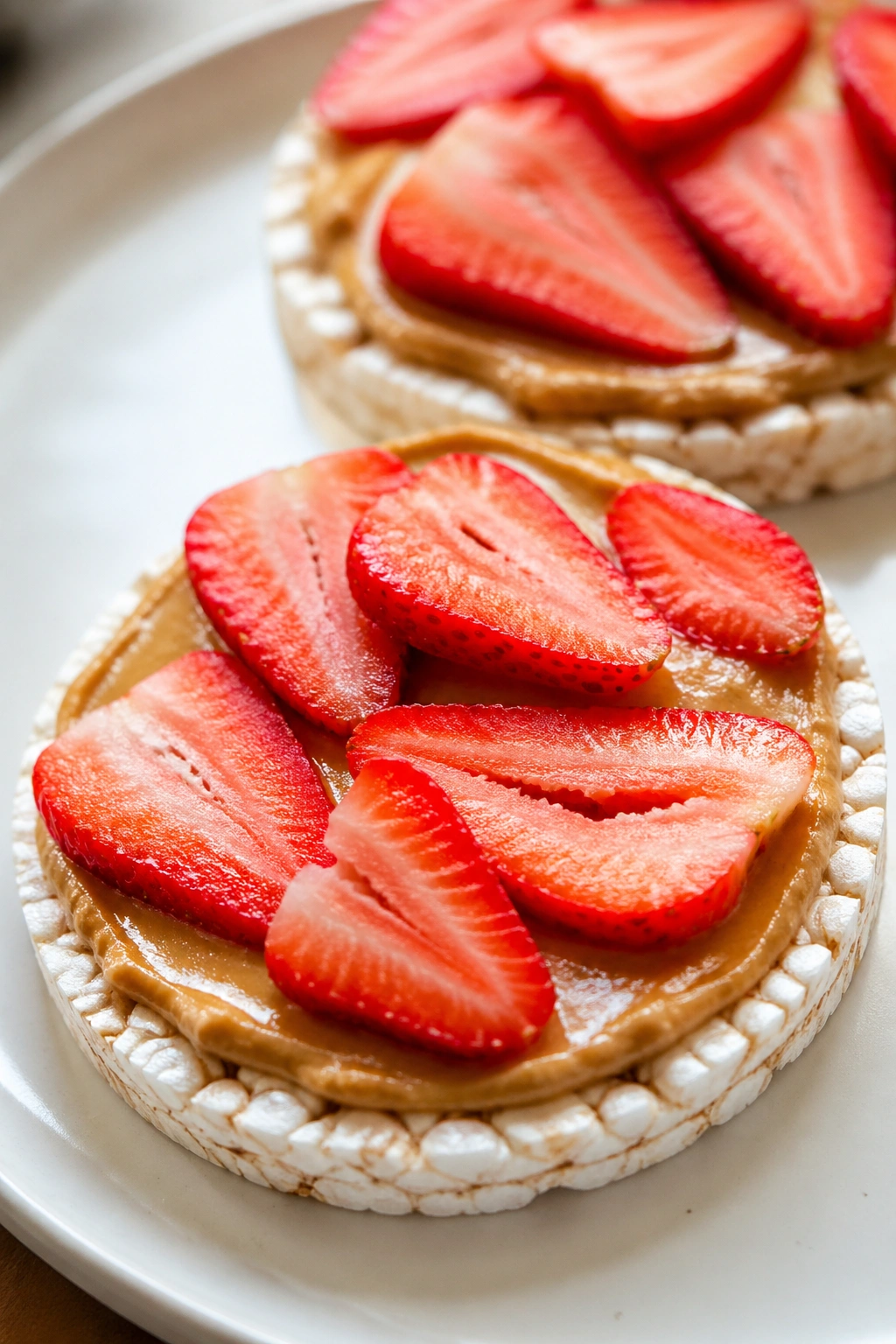 Rice cakes with peanut butter and strawberry slices