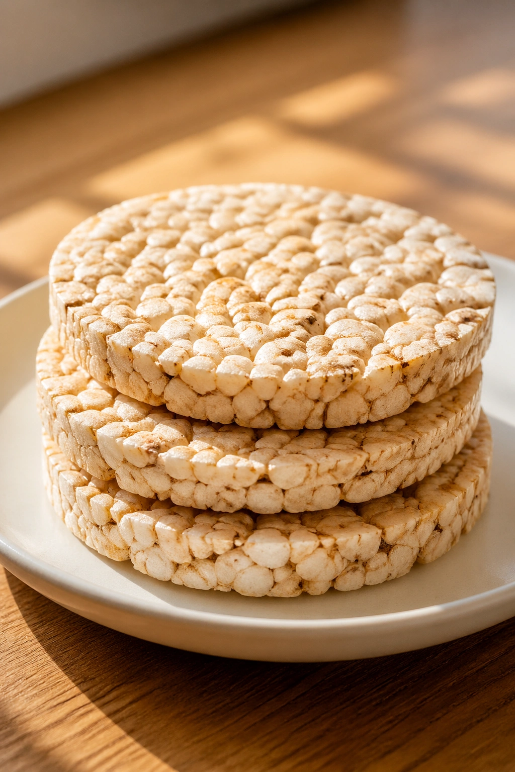 Stack of rice cakes on a plate in warm kitchen light
