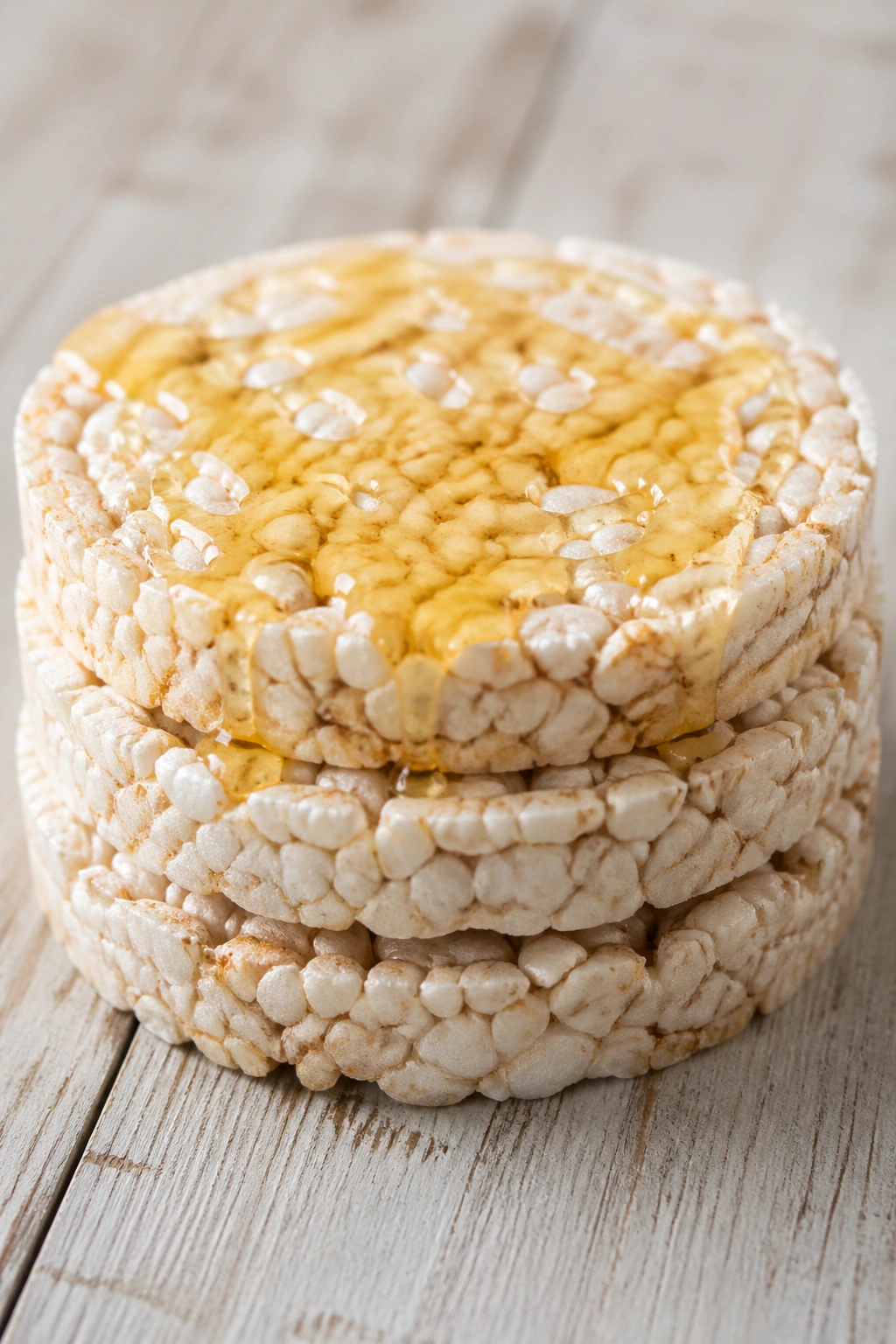 Stack of rice cakes with honey on a wooden surface