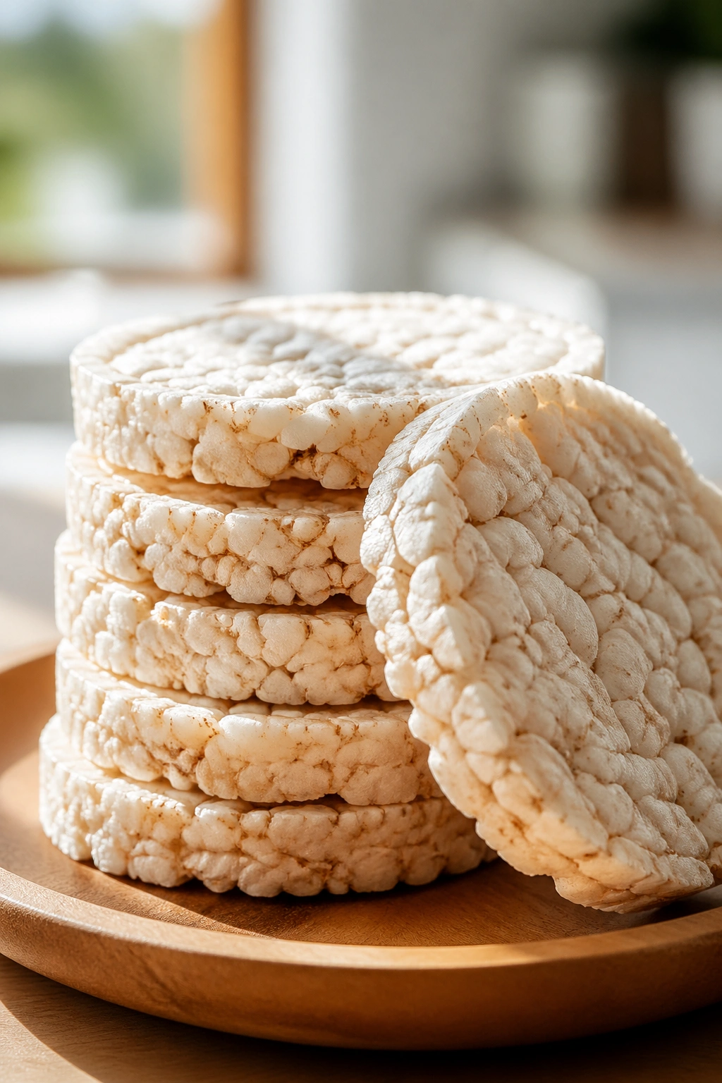 Close-up of plain rice cakes stacked on a wooden plate