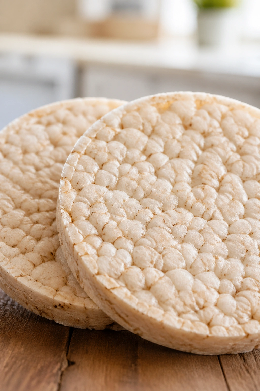 Close-up of plain rice cakes filling the frame on a wooden surface