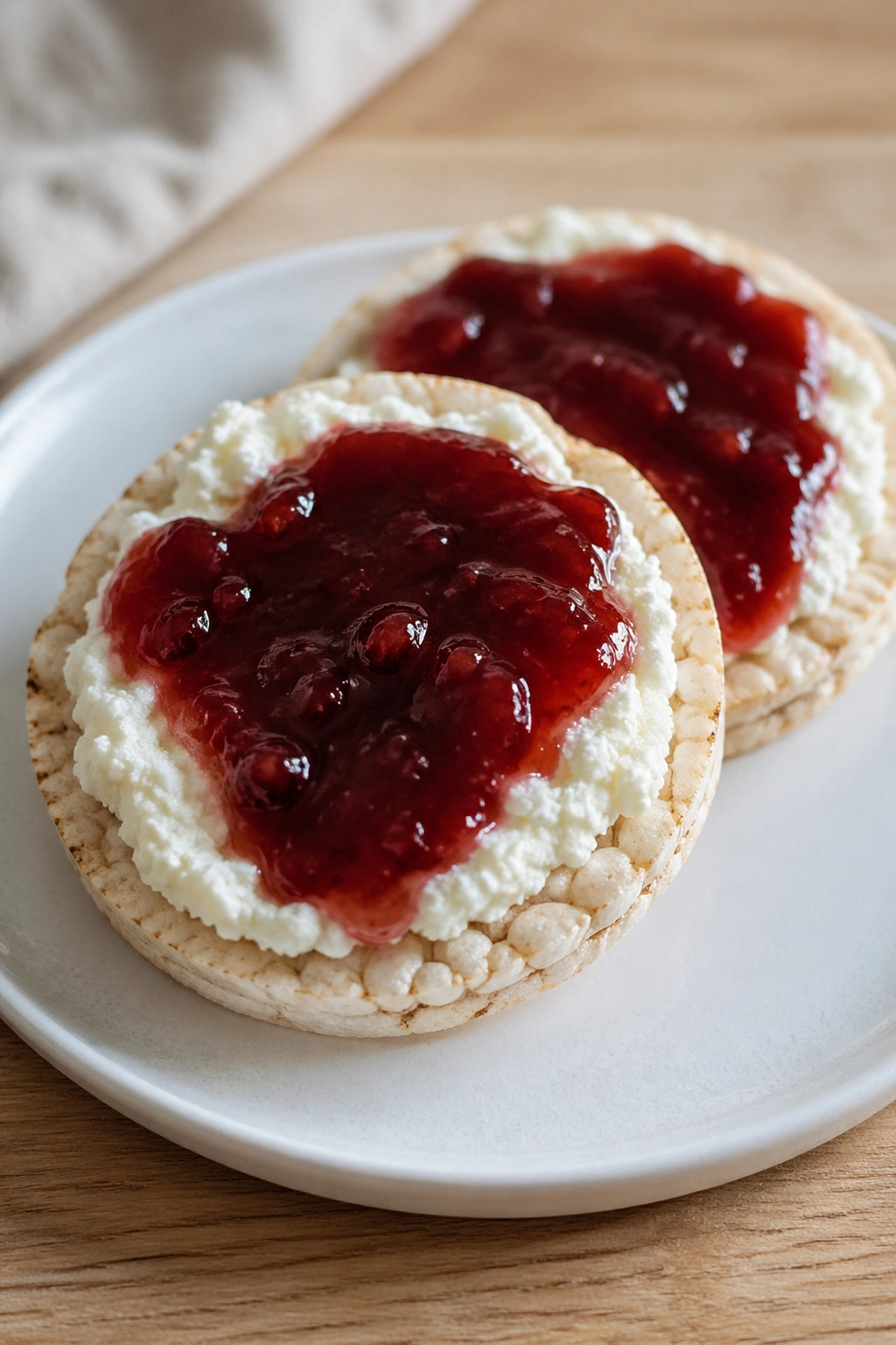 Rice cakes topped with ricotta and jam on a plate