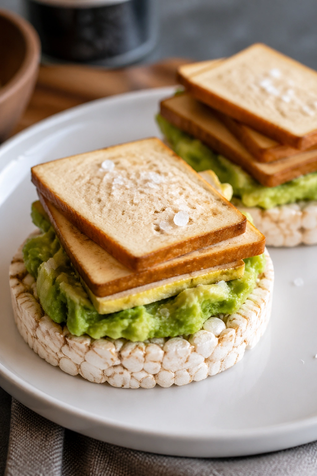 Rice cakes topped with avocado and smoked tofu