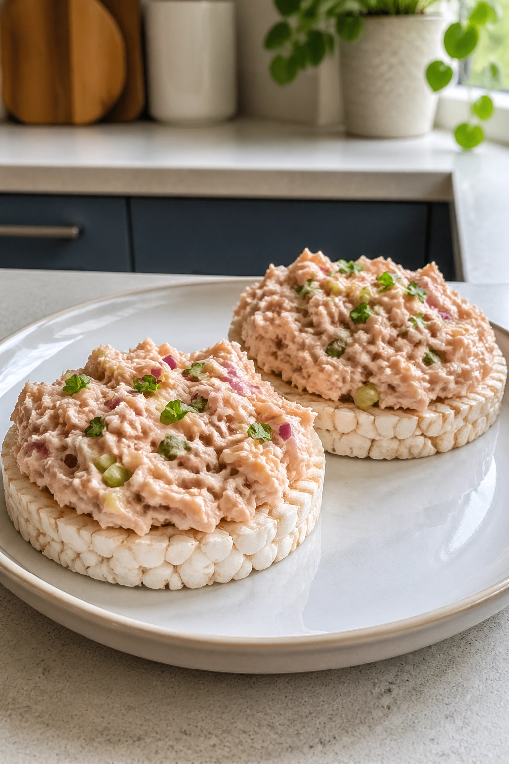 Rice cakes topped with tuna or salmon on a plate in a kitchen.