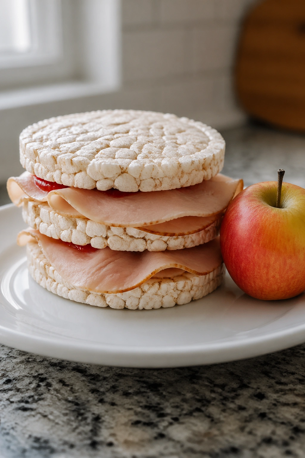 Close-up of rice cakes with turkey slices and an apple.