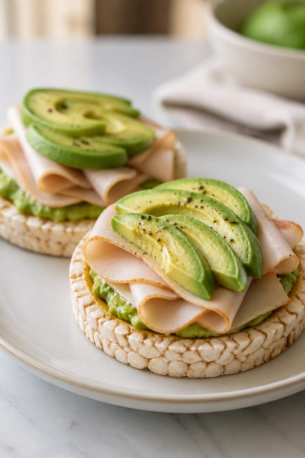Rice cakes topped with turkey and avocado