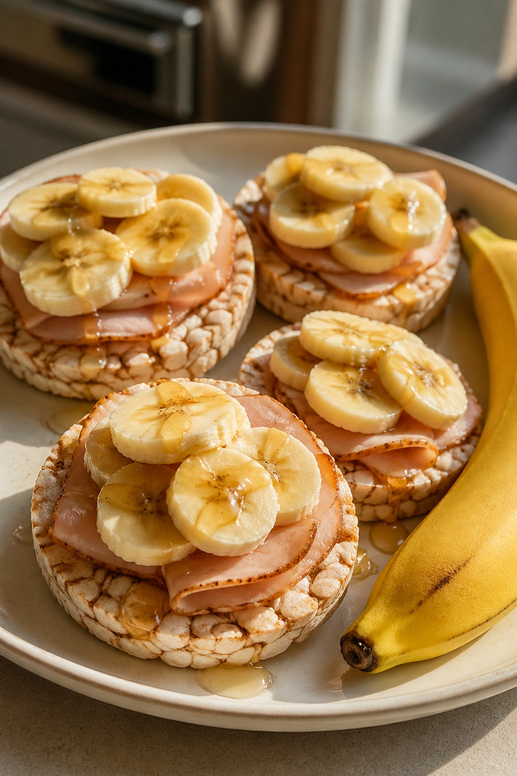Rice cakes with turkey and banana on a plate
