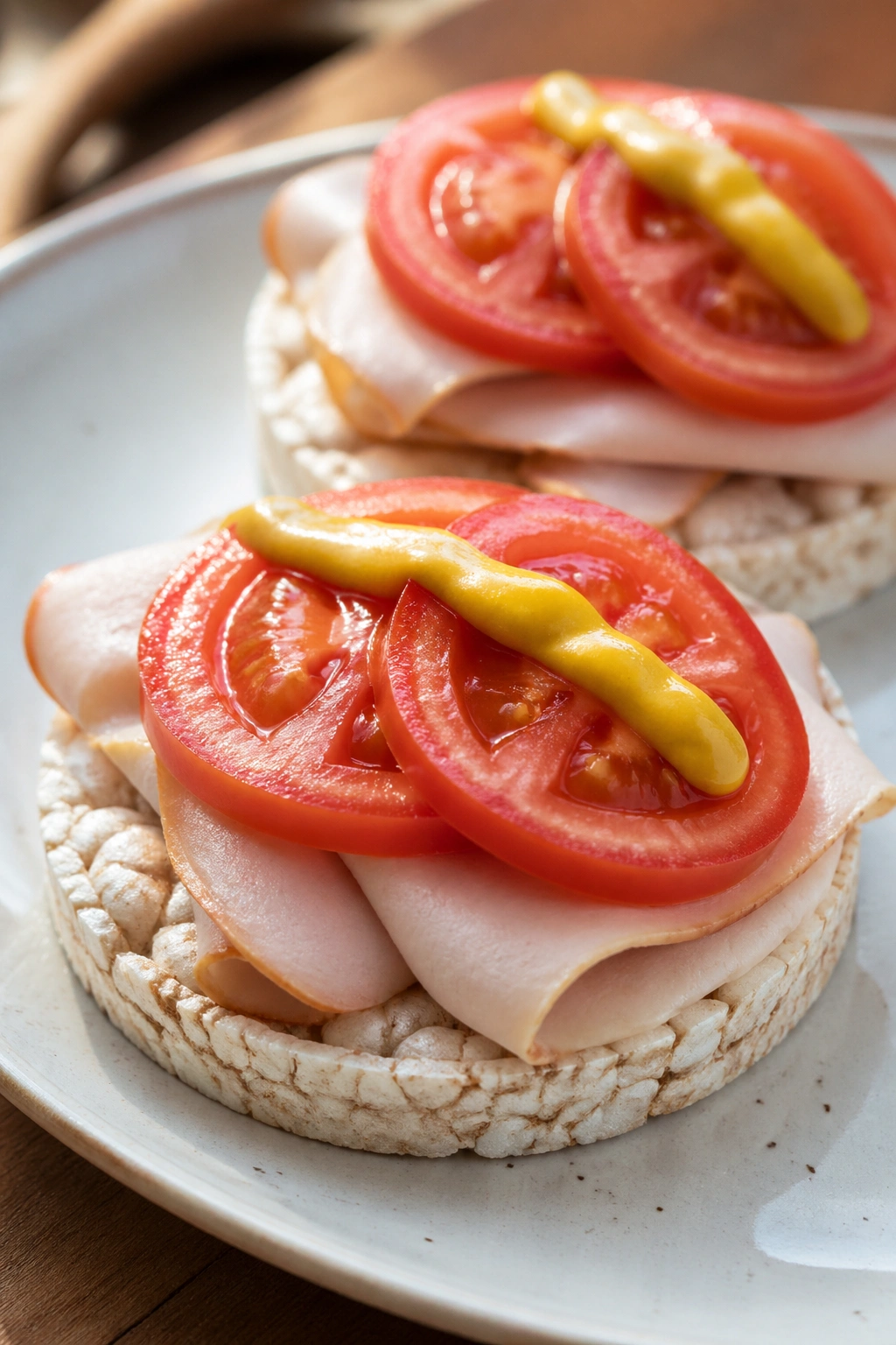 Two rice cakes topped with turkey and tomato on a plate