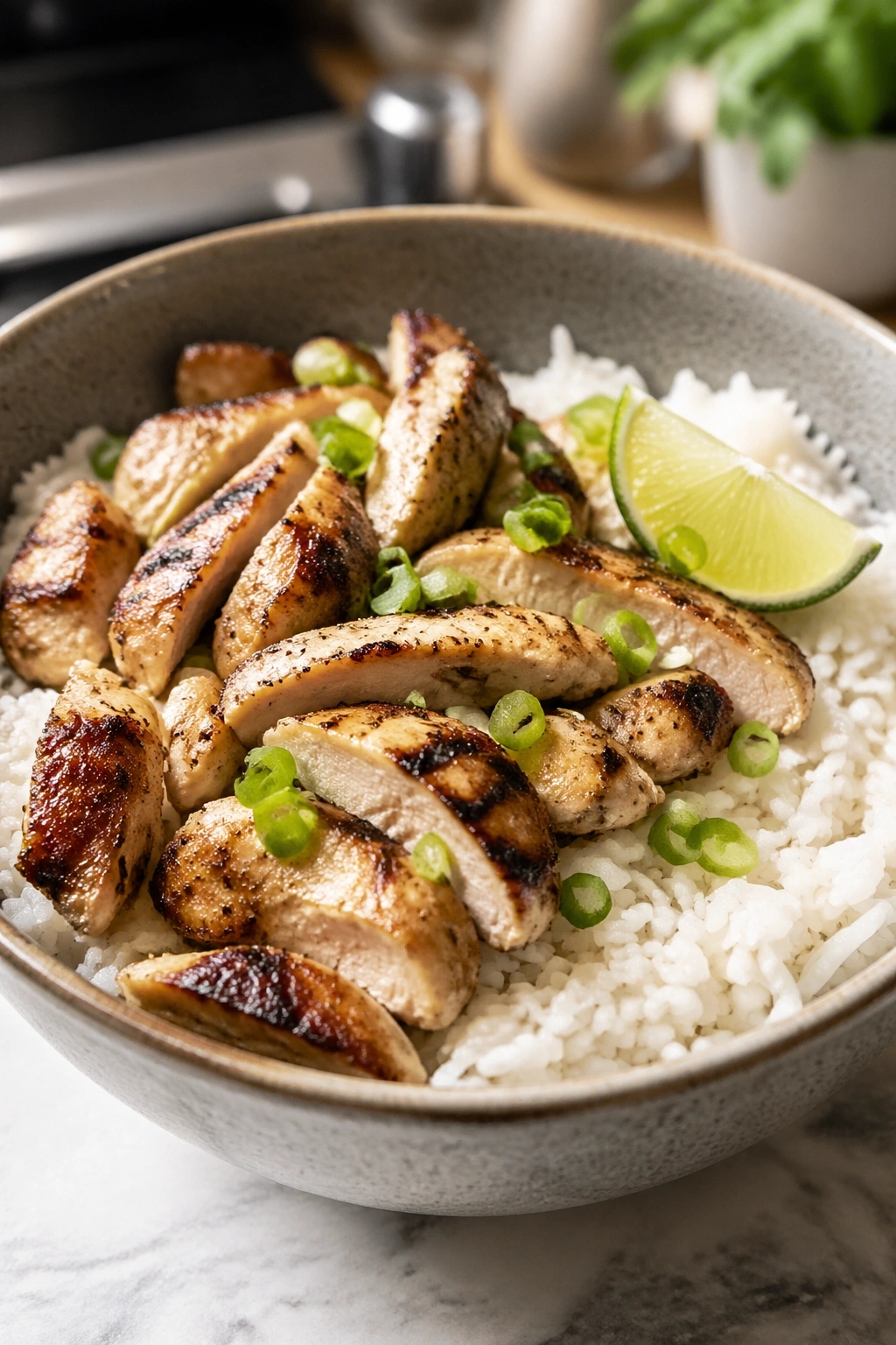 Rice bowl with chicken, a post-workout recovery meal with carbs and lean protein.