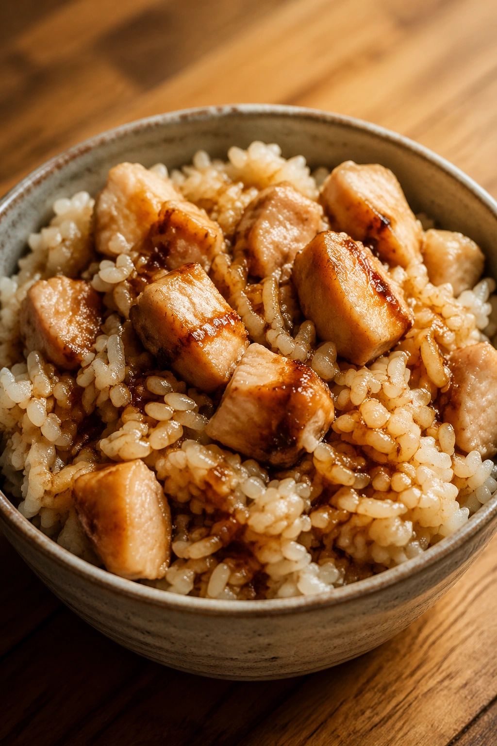 Leftover rice with chicken and soy sauce in a bowl