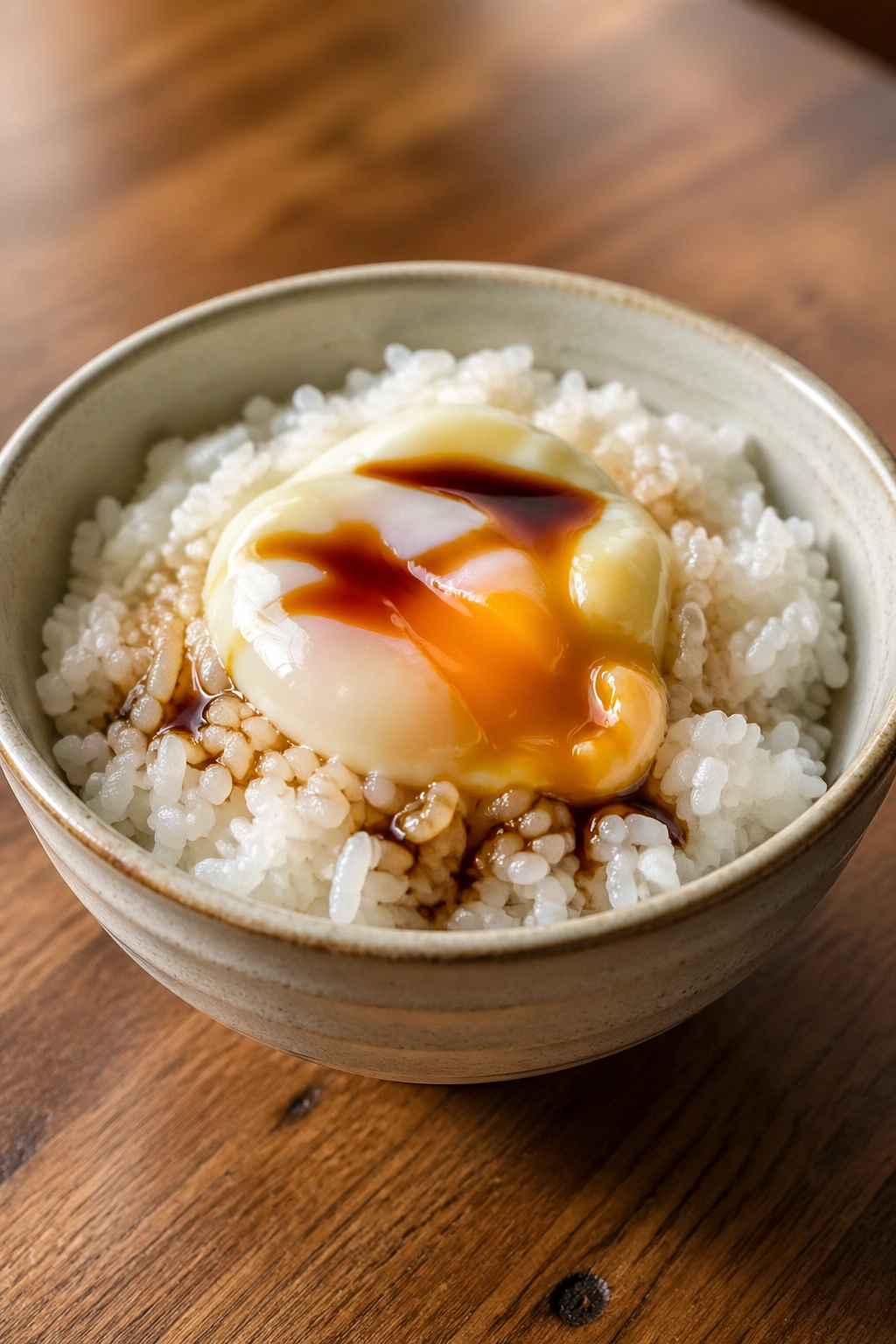 Bowl of warm white rice with egg and soy sauce on a kitchen table