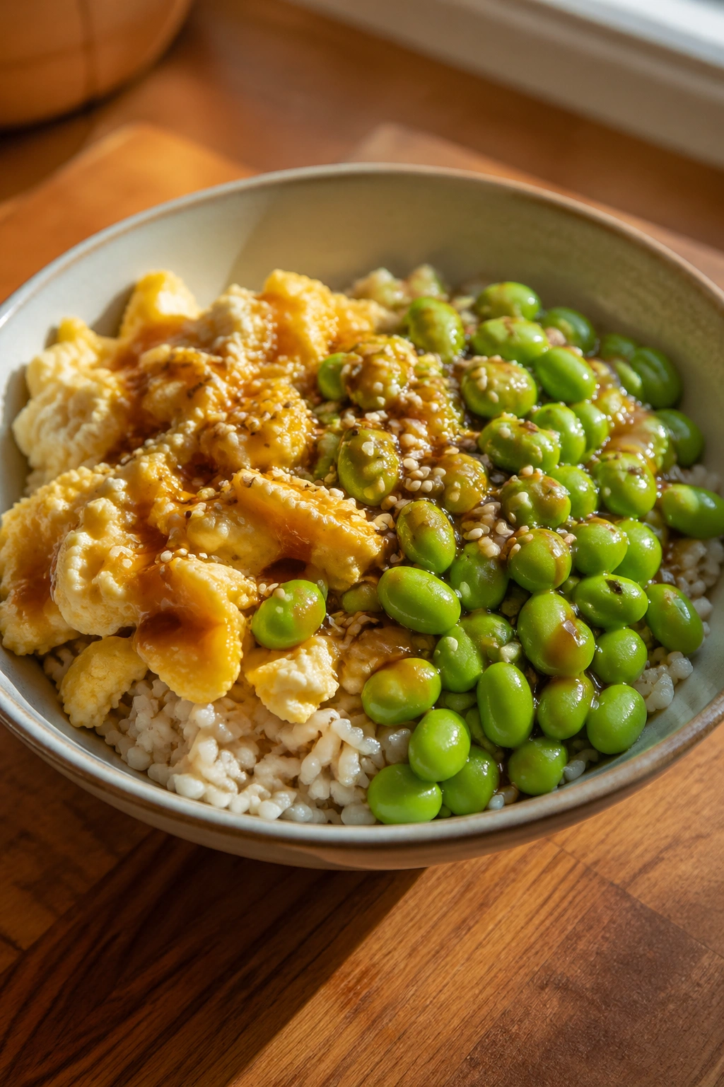 Close-up of rice, eggs, and edamame bowl for post-workout recovery