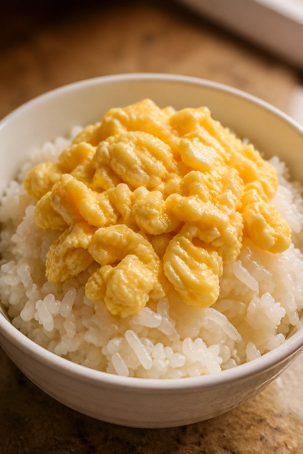 Close-up of white rice with scrambled eggs in a small bowl