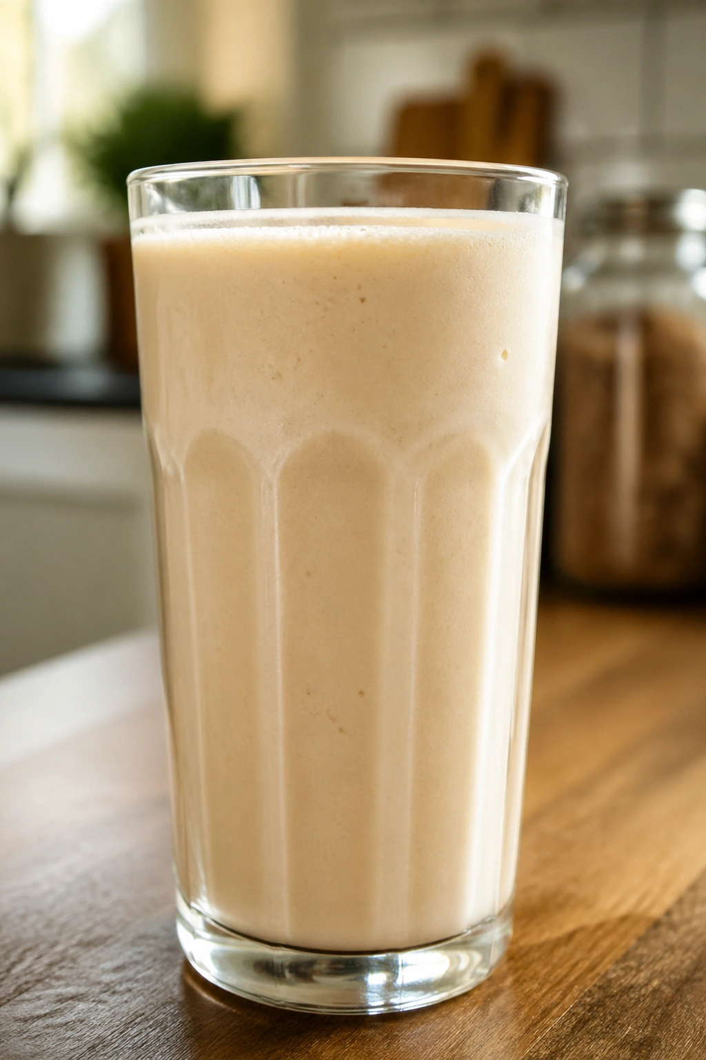 Close-up of a pale beige Rice Milk Protein Shake in a glass on a wooden counter