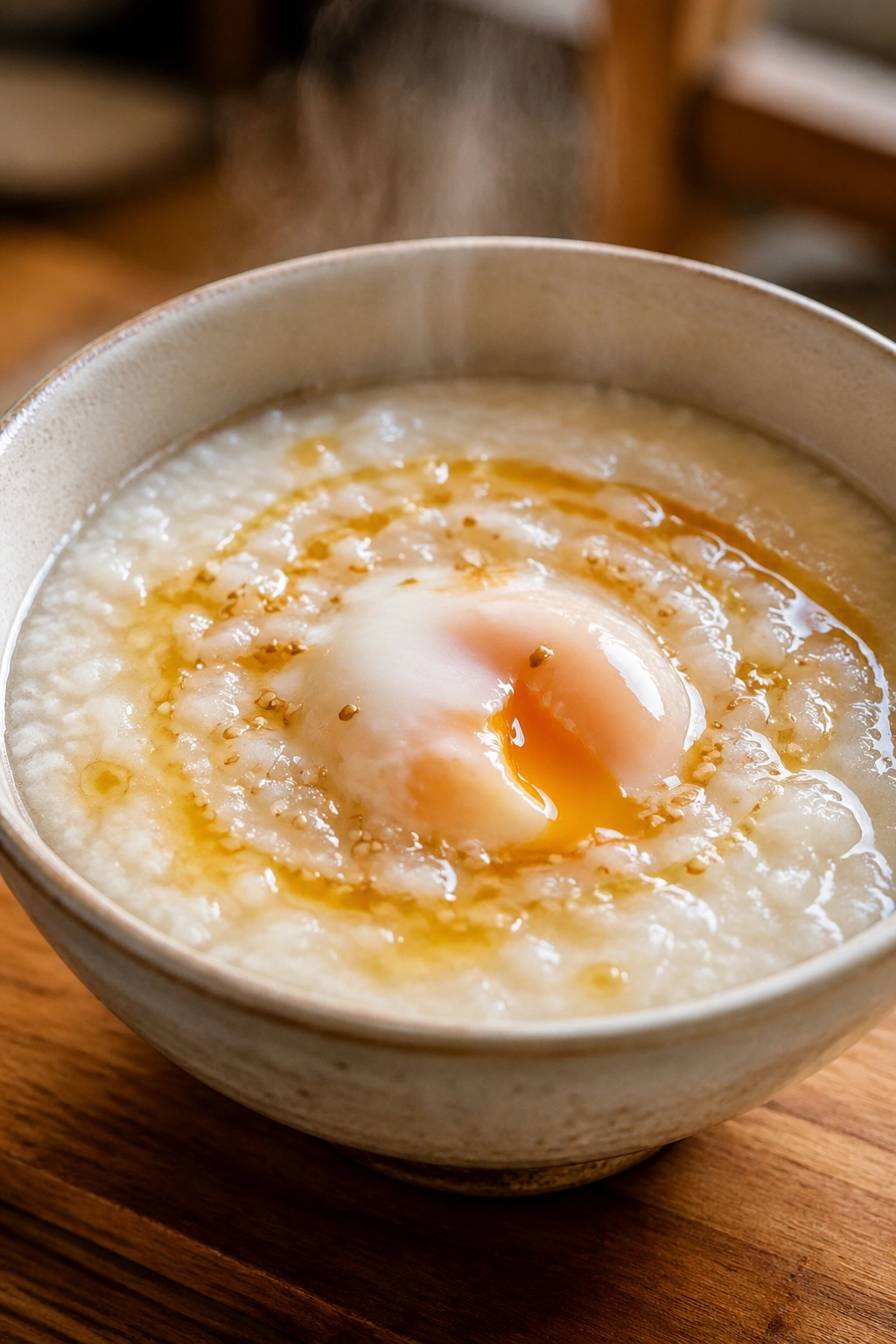 Steaming bowl of rice porridge with egg and sesame oil