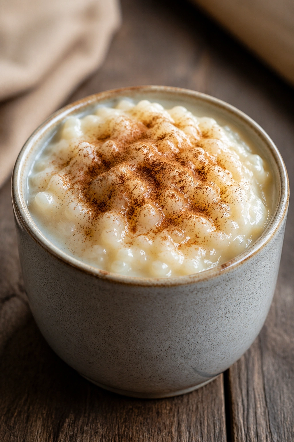 Close-up of rice pudding in a cup on a wooden table with cinnamon dust